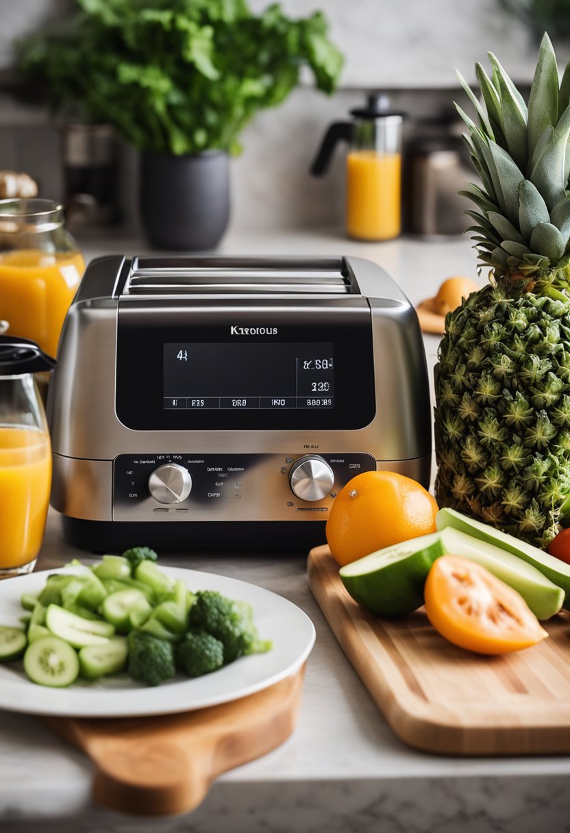 A countertop with various kitchen tools and fresh produce, including a juicer, cutting board, and keto-friendly fruits and vegetables