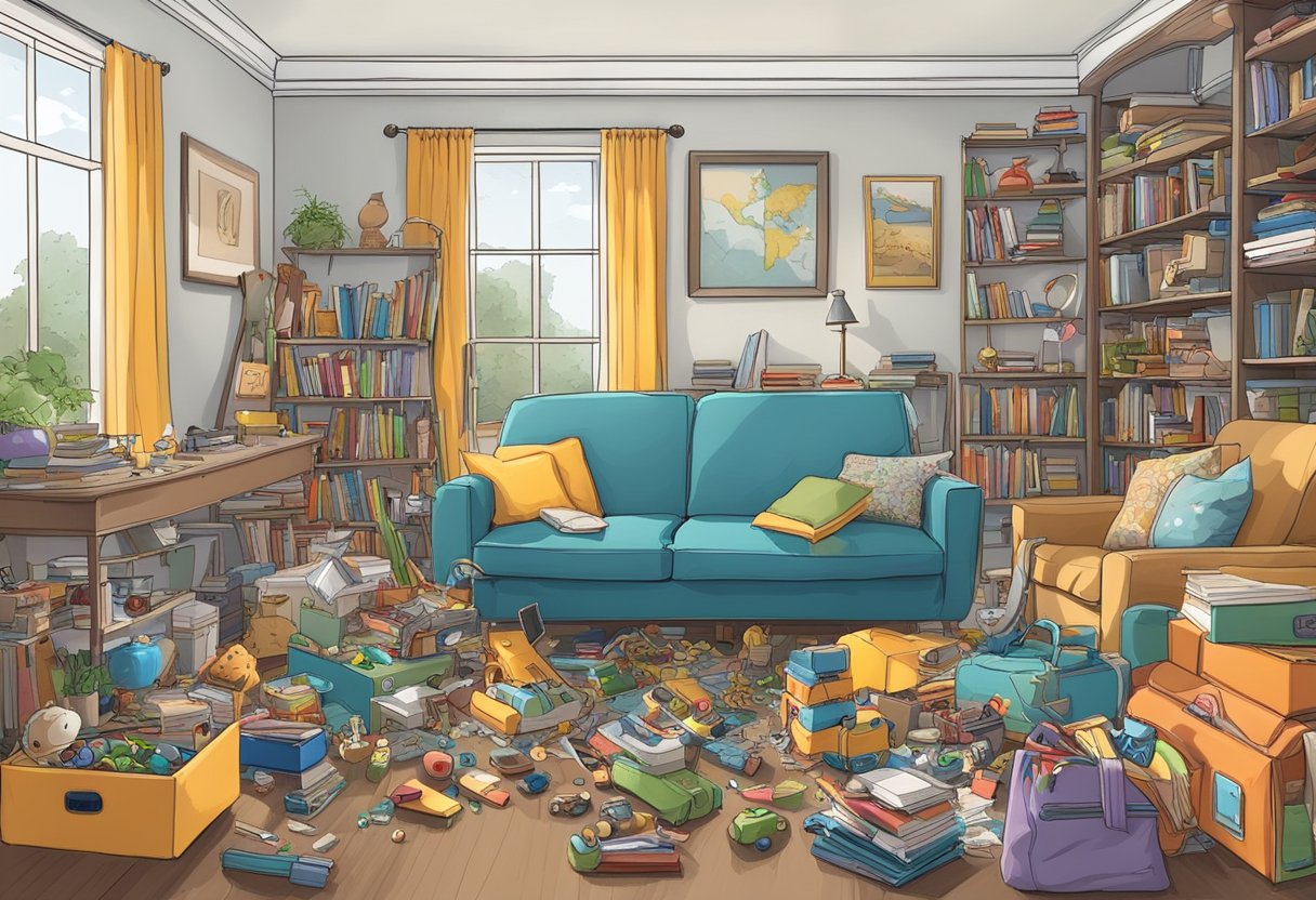 A cluttered living room in Alpharetta, GA with scattered toys, books, and loose wires poses hidden health and safety risks