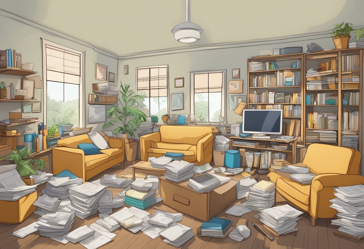 A cluttered living room with scattered items, piles of papers, and disorganized shelves. Dust and dirt accumulate in the corners, posing health and safety risks