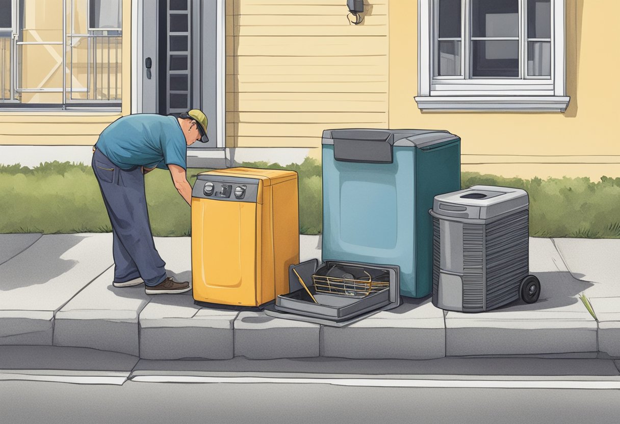 A person placing old appliances by the curb for pickup