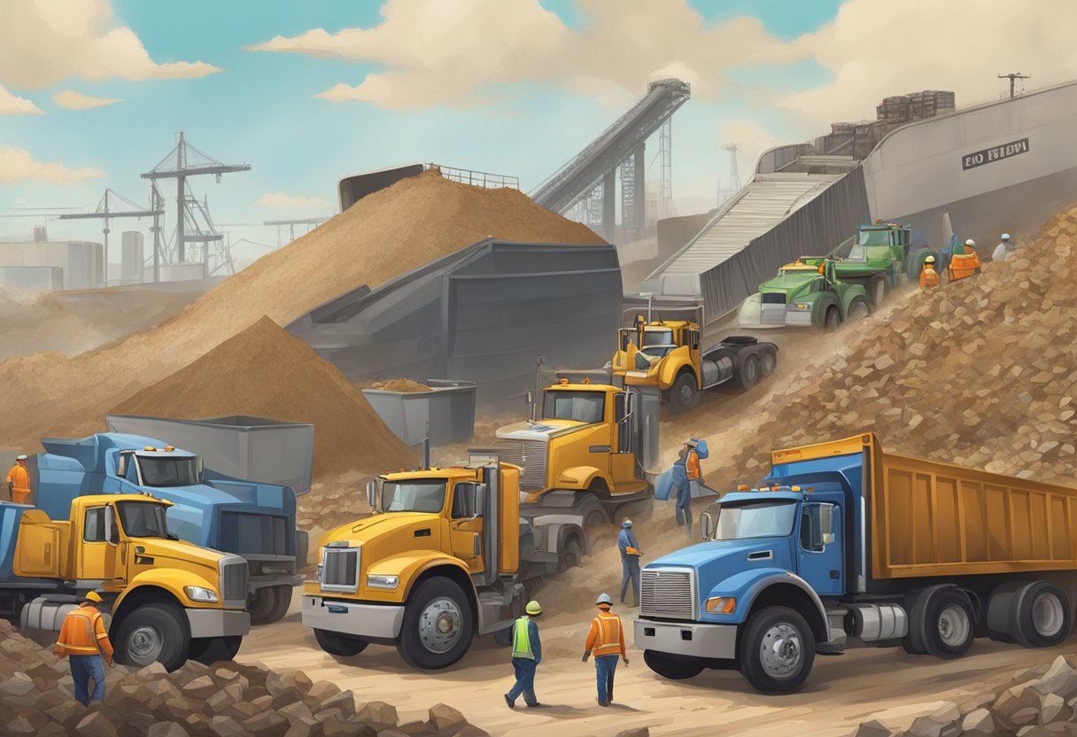 A line of vehicles waits to enter the dump, with workers directing traffic and overseeing the disposal of various items