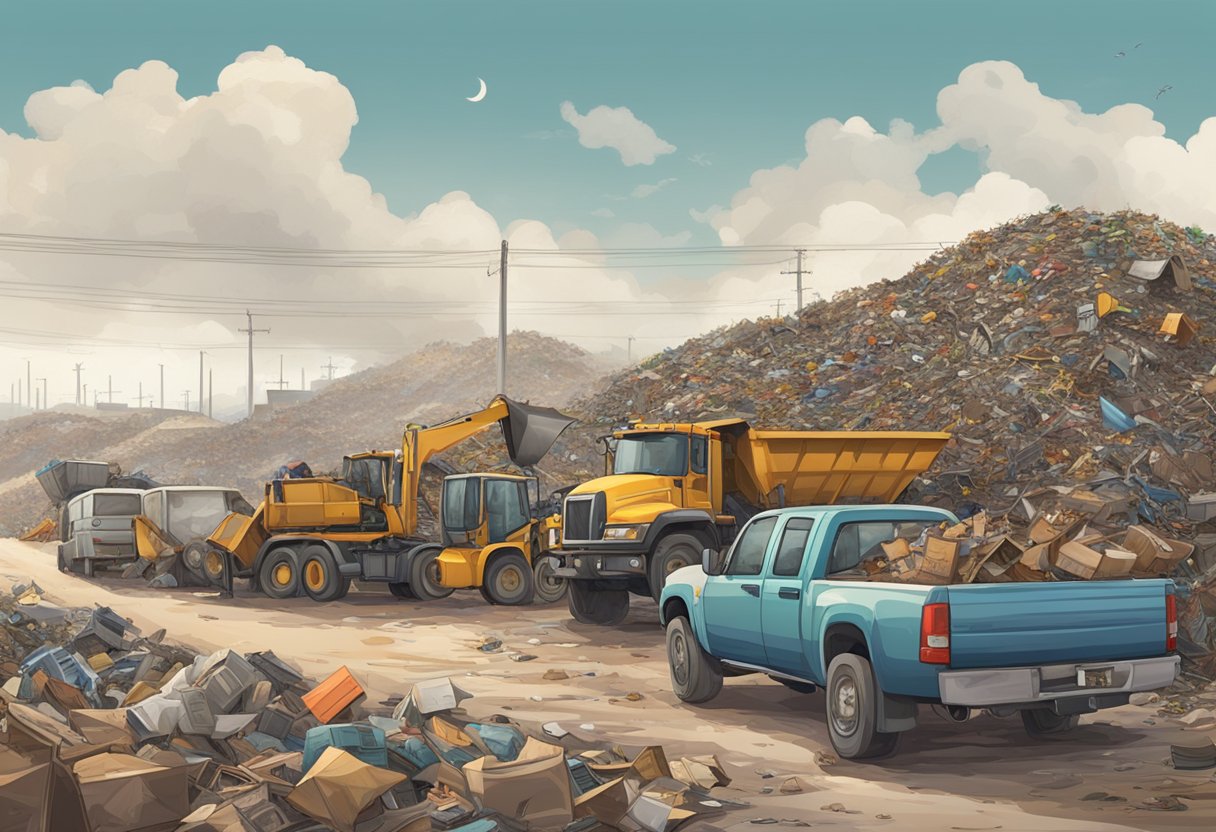 A line of vehicles waits at the entrance to the dump, where workers direct them to designated areas for unloading. Piles of discarded items and debris are visible in the background