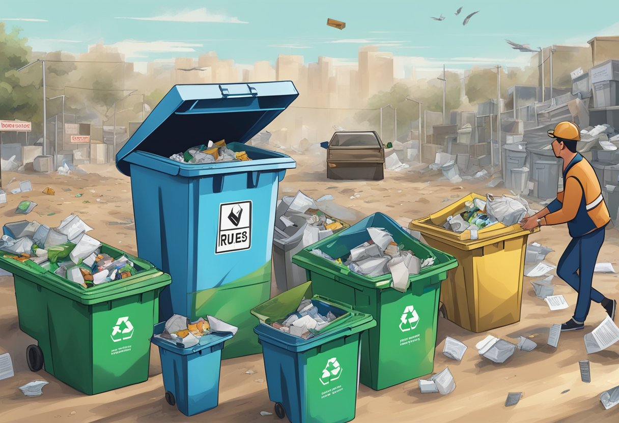 A person throwing trash into designated bins at the dump, with signs displaying rules and regulations in the background