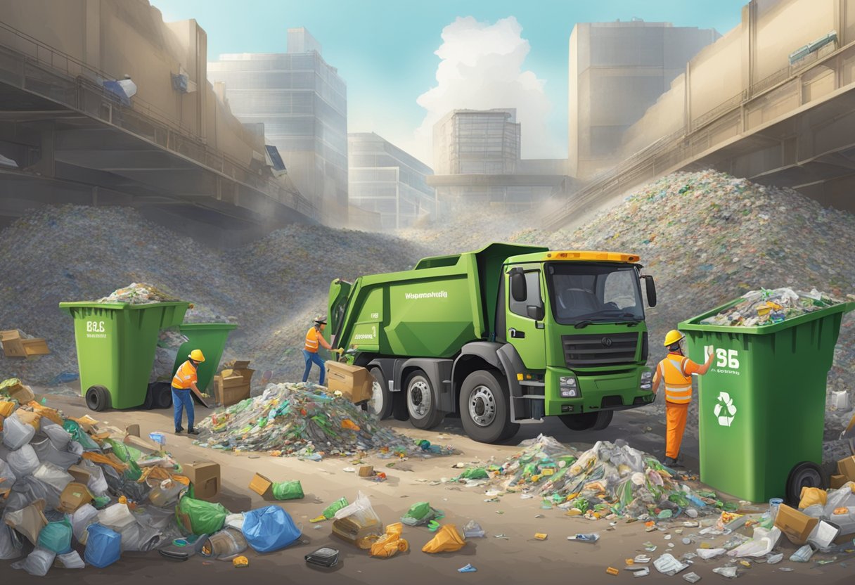 A bustling dumpsite with separate sections for different types of waste, workers sorting and compacting recyclables, and a sign displaying waste management tips