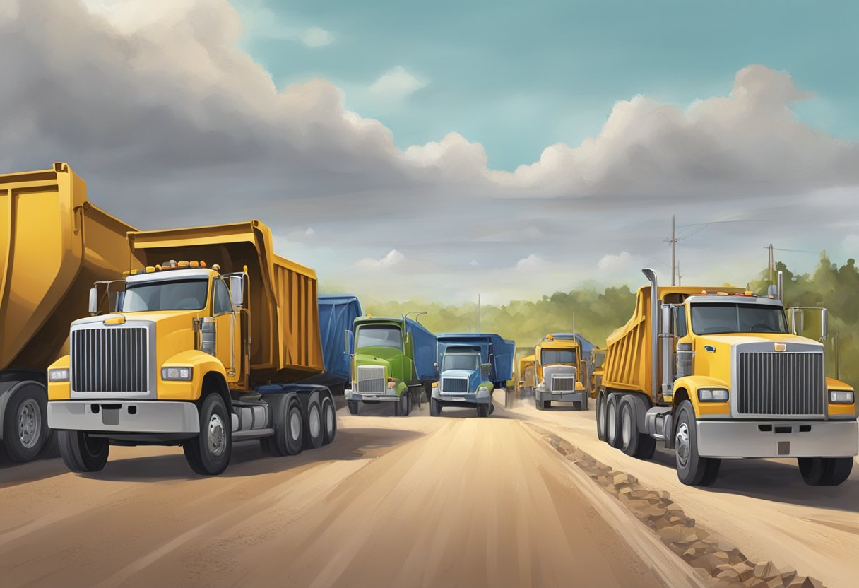 A line of vehicles waits to enter the dump. Workers guide them to separate disposal areas for recycling, hazardous waste, and general trash