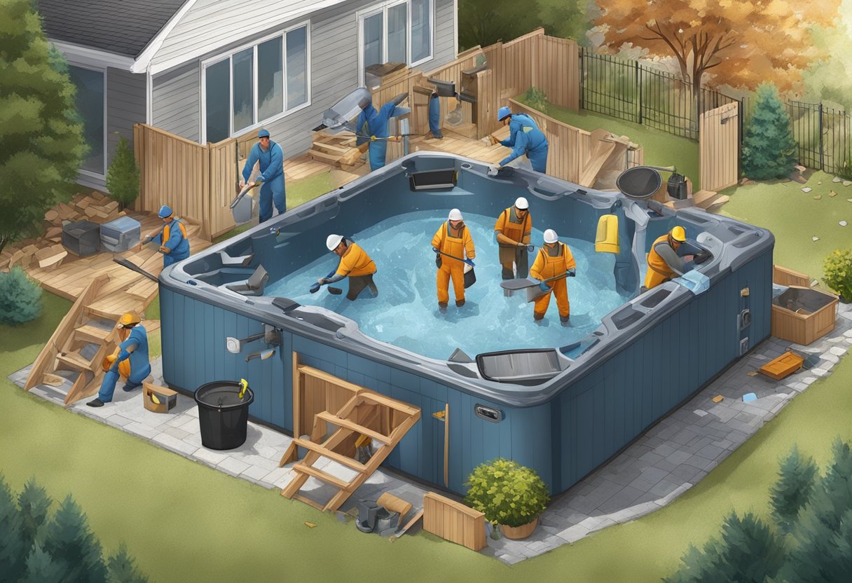 A group of workers dismantling a hot tub in a backyard, using tools and wearing protective gear. The tub is surrounded by scattered pieces and debris