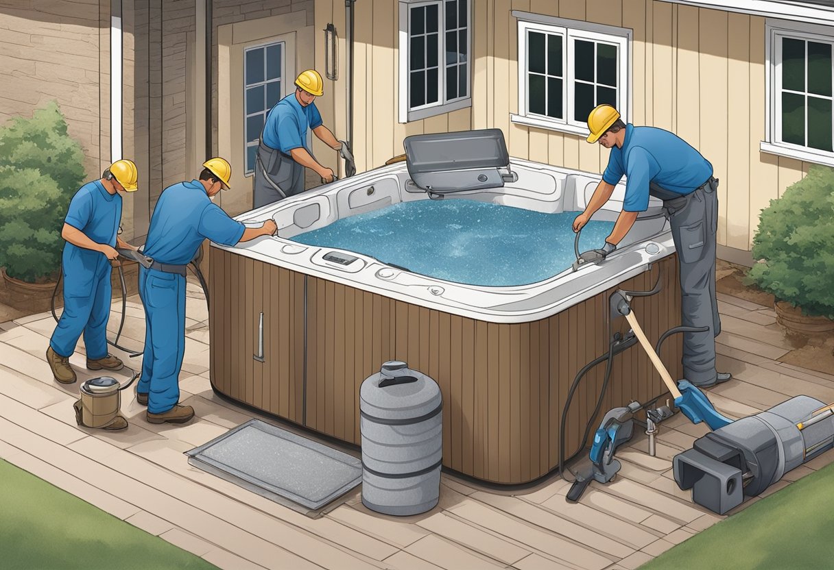 A group of workers dismantling a hot tub, using tools to disconnect pipes and lift sections out of the tub