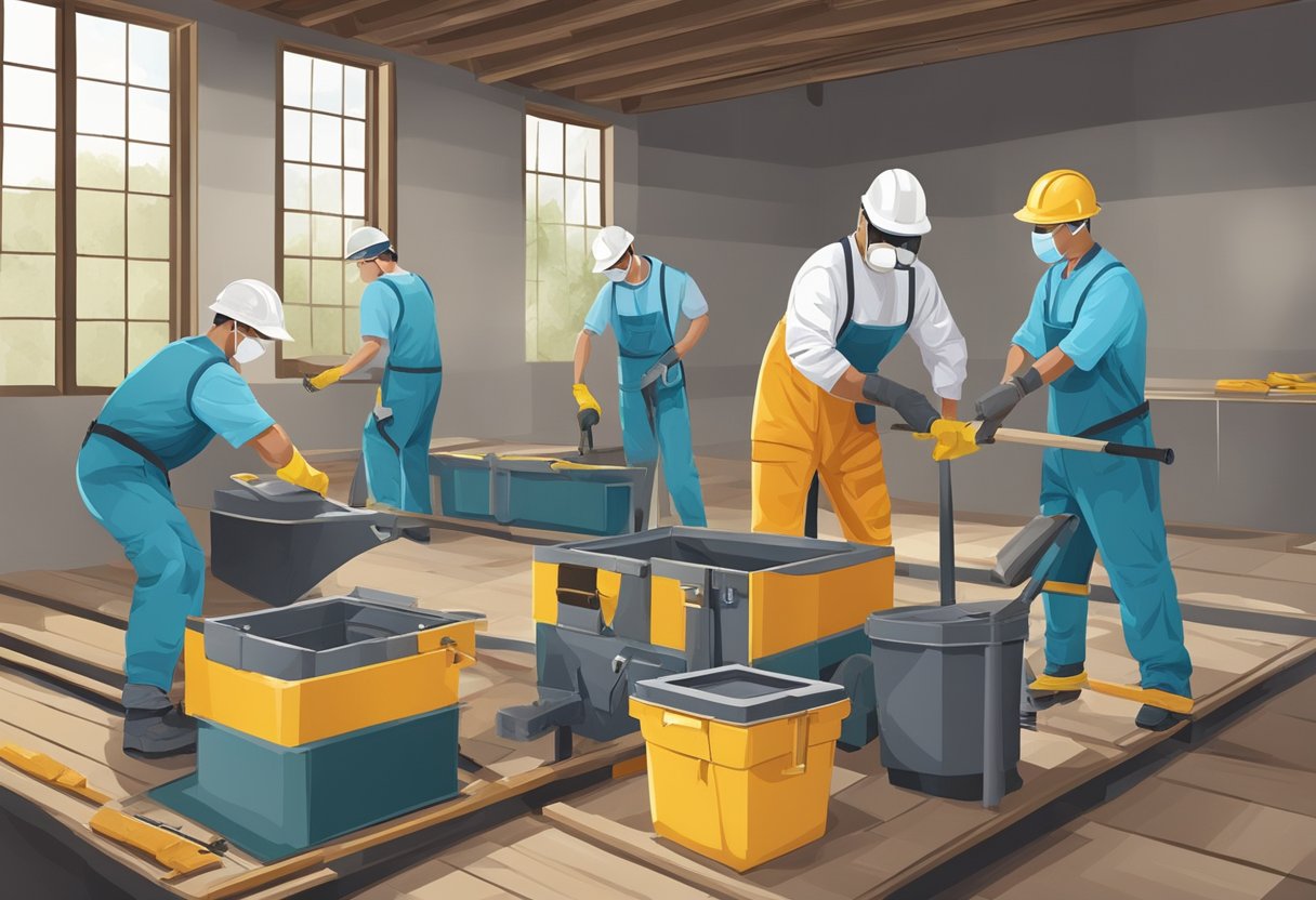 A group of workers wearing protective gear carefully disassemble an old spa, using tools and following safety guidelines