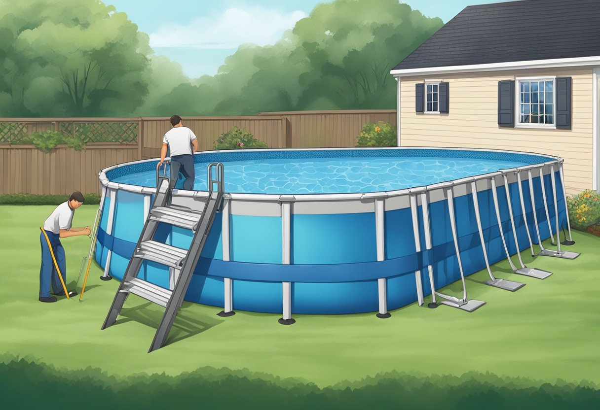 A person dismantles an above-ground pool, removing the liner, frame, and ladder. The pool is surrounded by a grassy yard and a fence