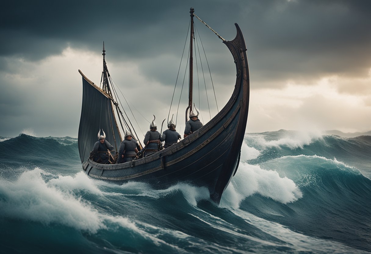 Um drakkar viking navega por mares tempestuosos, sua proa em forma de dragão cortando as ondas enquanto guerreiros ferozes se preparam para a batalha.