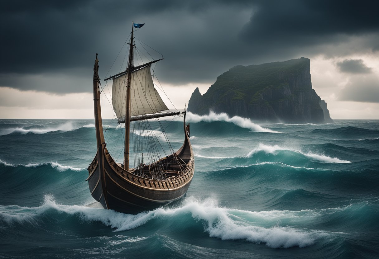 Um drakkar viking navegando por mares agitados, com um céu tempestuoso dramático e penhascos imponentes ao fundo