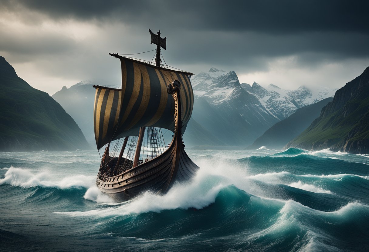 Um drakkar viking navega por mares tempestuosos, com montanhas imponentes e uma costa acidentada ao fundo. A proa em forma de cabeça de dragão do navio é feroz e imponente, simbolizando a força e o poder da expansão viking.