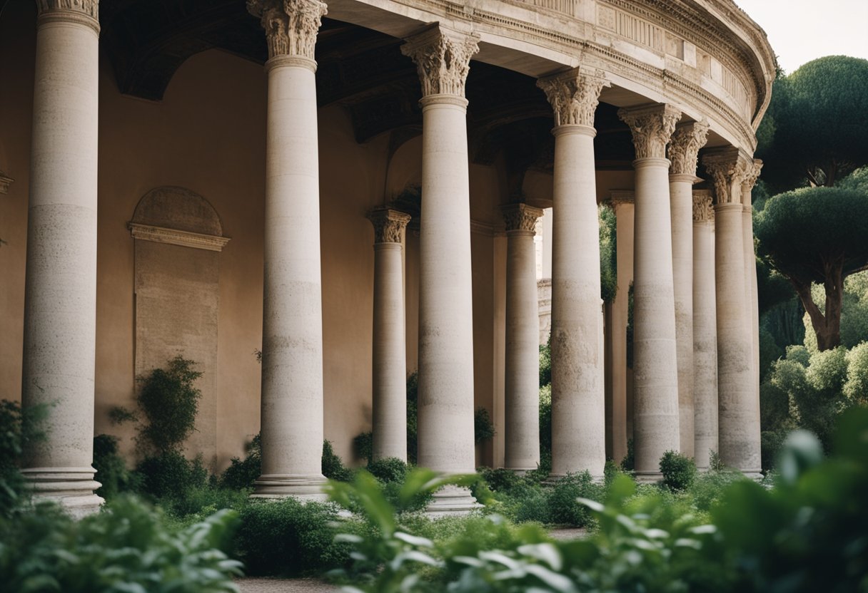 A grandiosidade da antiga Roma, com colunas de mármore imponentes e arcos intrincados, cercada por uma vegetação exuberante e ruas movimentadas.