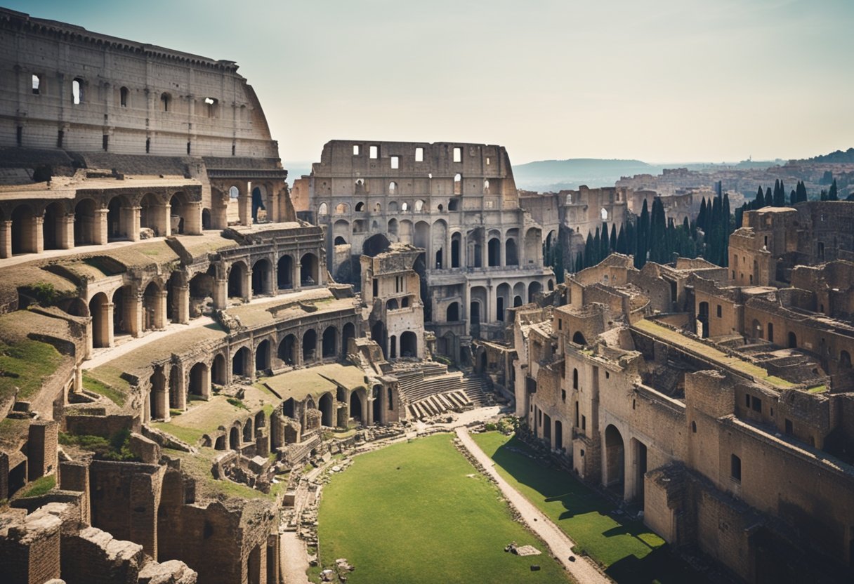 A grandeza do Império Romano, com sua arquitetura majestosa e ruínas, simbolizando tanto seu auge quanto seu eventual declínio.