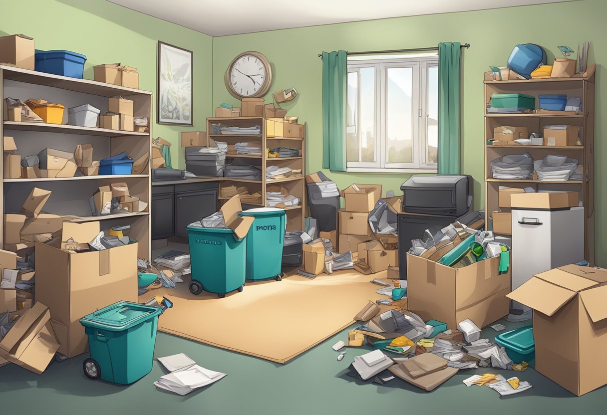 A cluttered room with various items being removed by a junk removal service, while another area shows items being sorted for donation or recycling