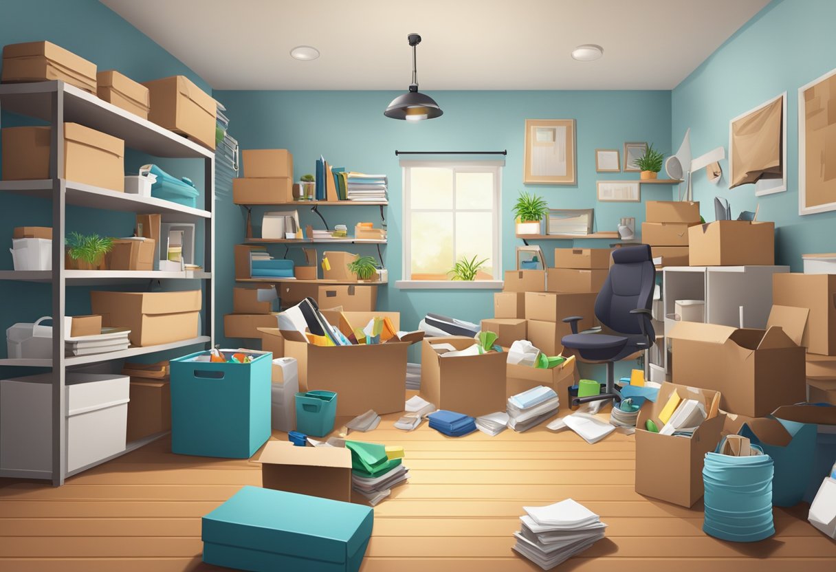 A cluttered room transformed into a tidy, organized space with the help of a junk removal service. Items being hauled away, leaving a clean and spacious environment