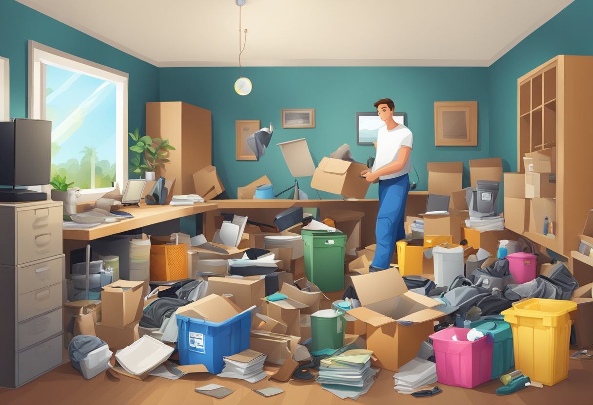 A cluttered room with various items being removed by a junk removal service, while a satisfied customer looks on