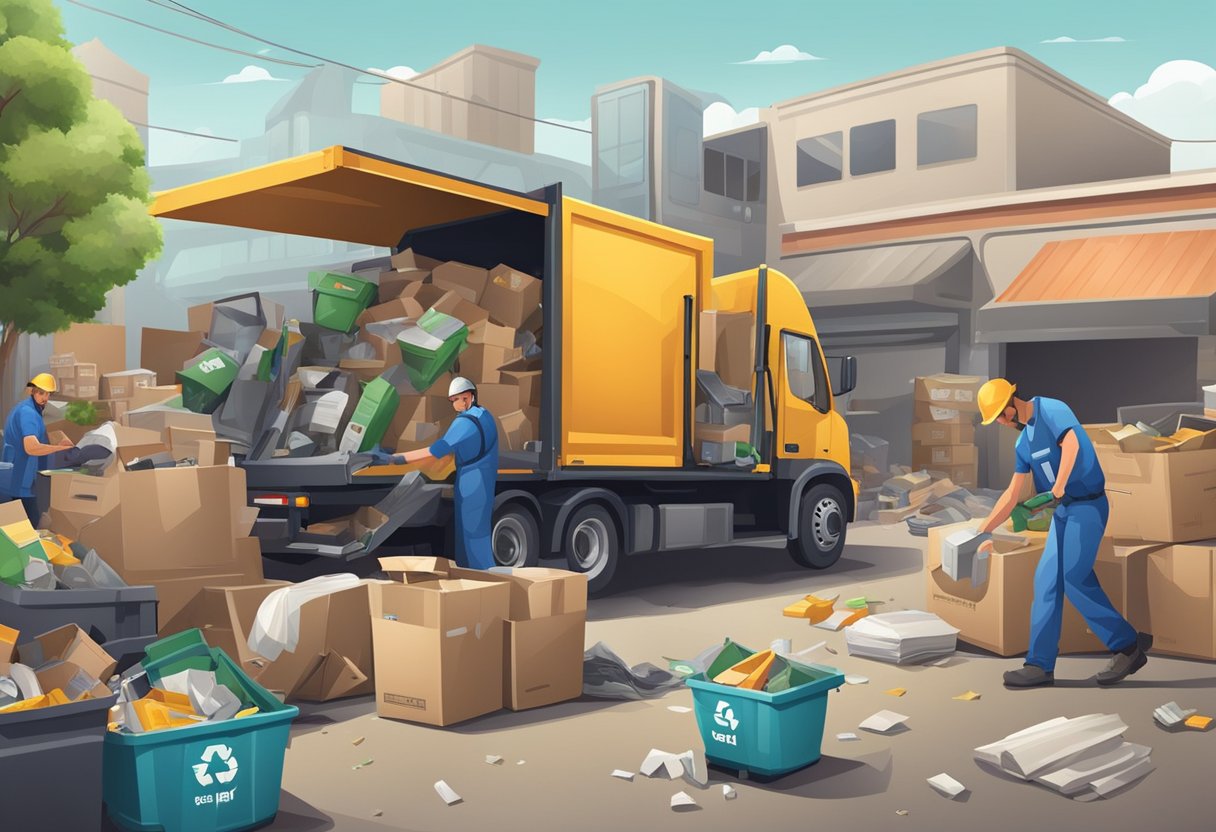 A junk removal truck unloading various items at a recycling center, with workers sorting and processing the materials