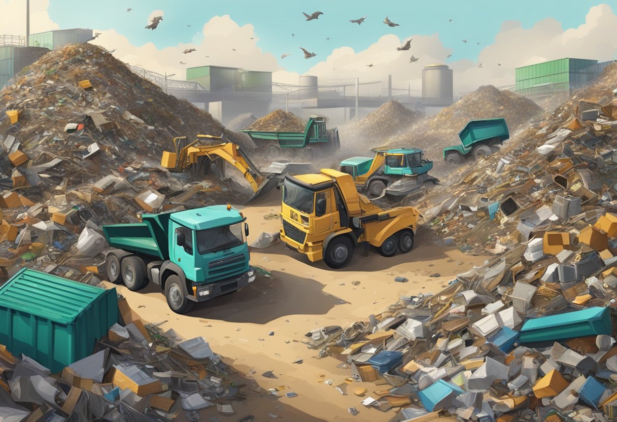 A cluttered landfill with piles of junk being removed and sorted for recycling, emphasizing the role of junk removal in waste management