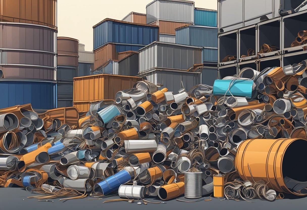 A pile of assorted scrap metals, including aluminum cans, copper wires, and steel pipes, sits in a recycling yard