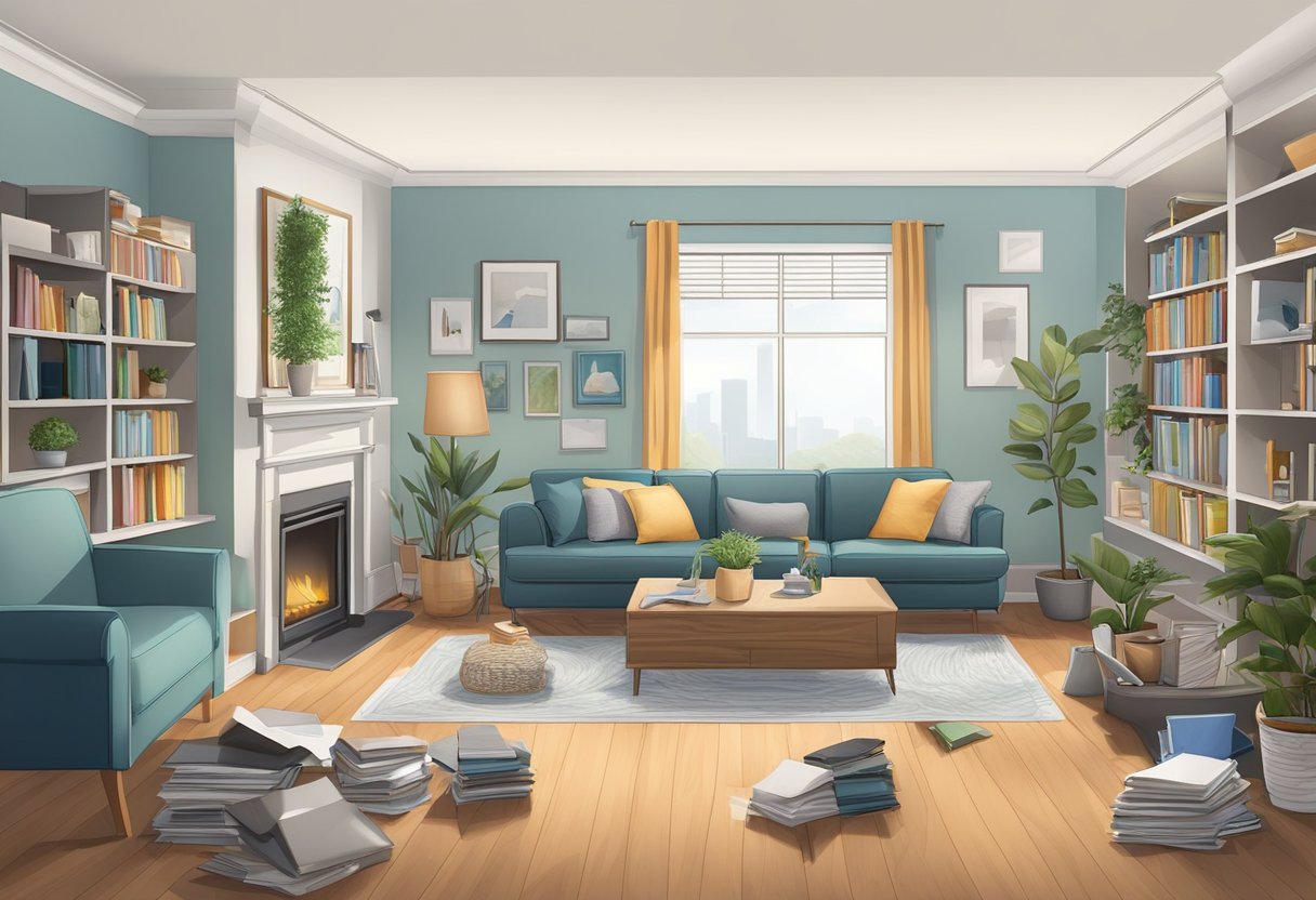 A cluttered and disorganized living room is transformed into a spacious and clean area after junk removal services