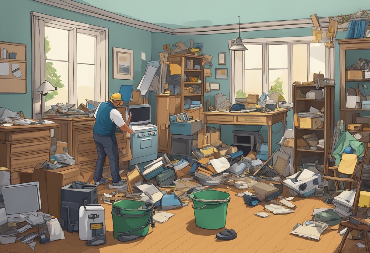 A cluttered room with old furniture, appliances, and debris being cleared out by a junk removal team. The property manager oversees the process, ensuring a safer living environment