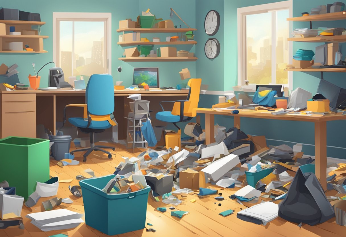 A cluttered room with scattered junk and debris being cleared out by workers, creating a spacious and clean living environment