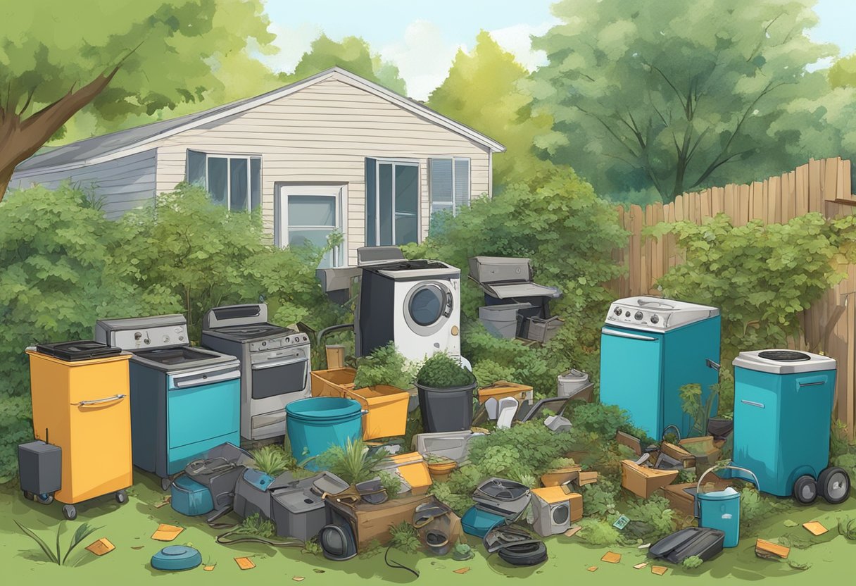 A cluttered backyard with overgrown vegetation, scattered debris, and old appliances. A junk removal team is clearing out the area, creating a safer living environment