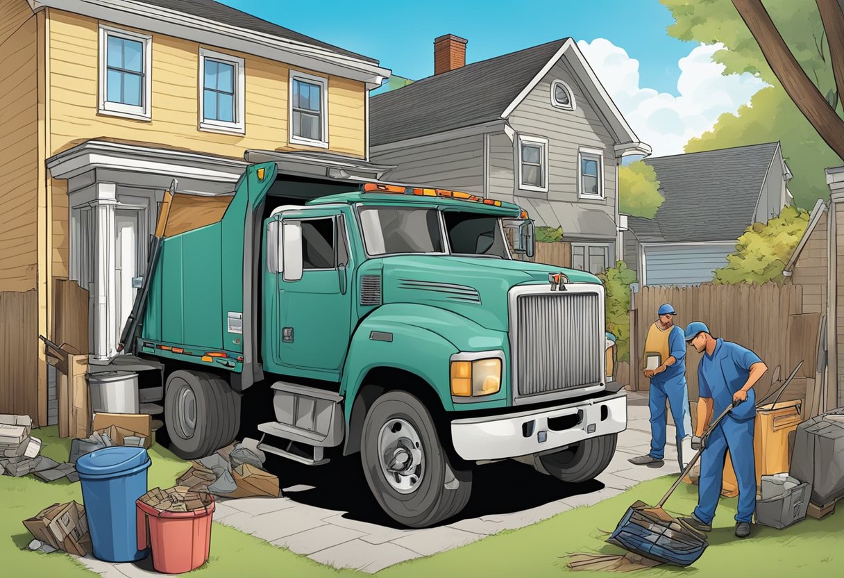 A junk removal truck parked in front of a cluttered house, workers loading large items into the back while a supervisor oversees the operation