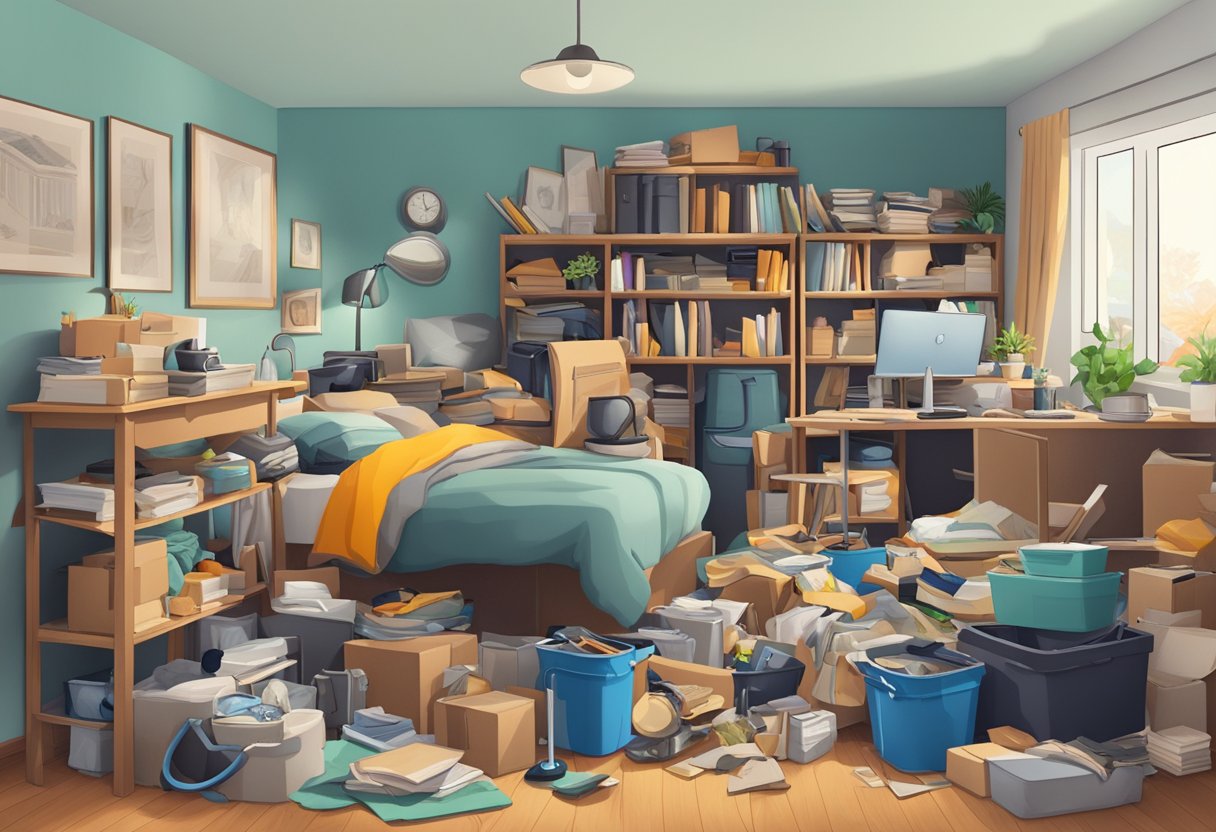 A cluttered room with various items piled up, while a junk removal team efficiently clears out unwanted items, showcasing the value of their service