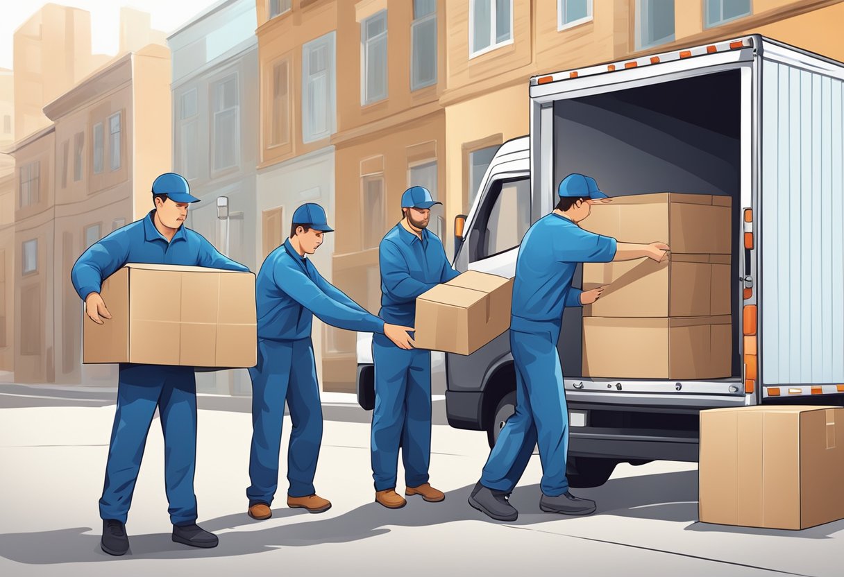 A team of professionals carefully wrap and pack furniture into a moving truck, while others carry out logistics and preparation tasks