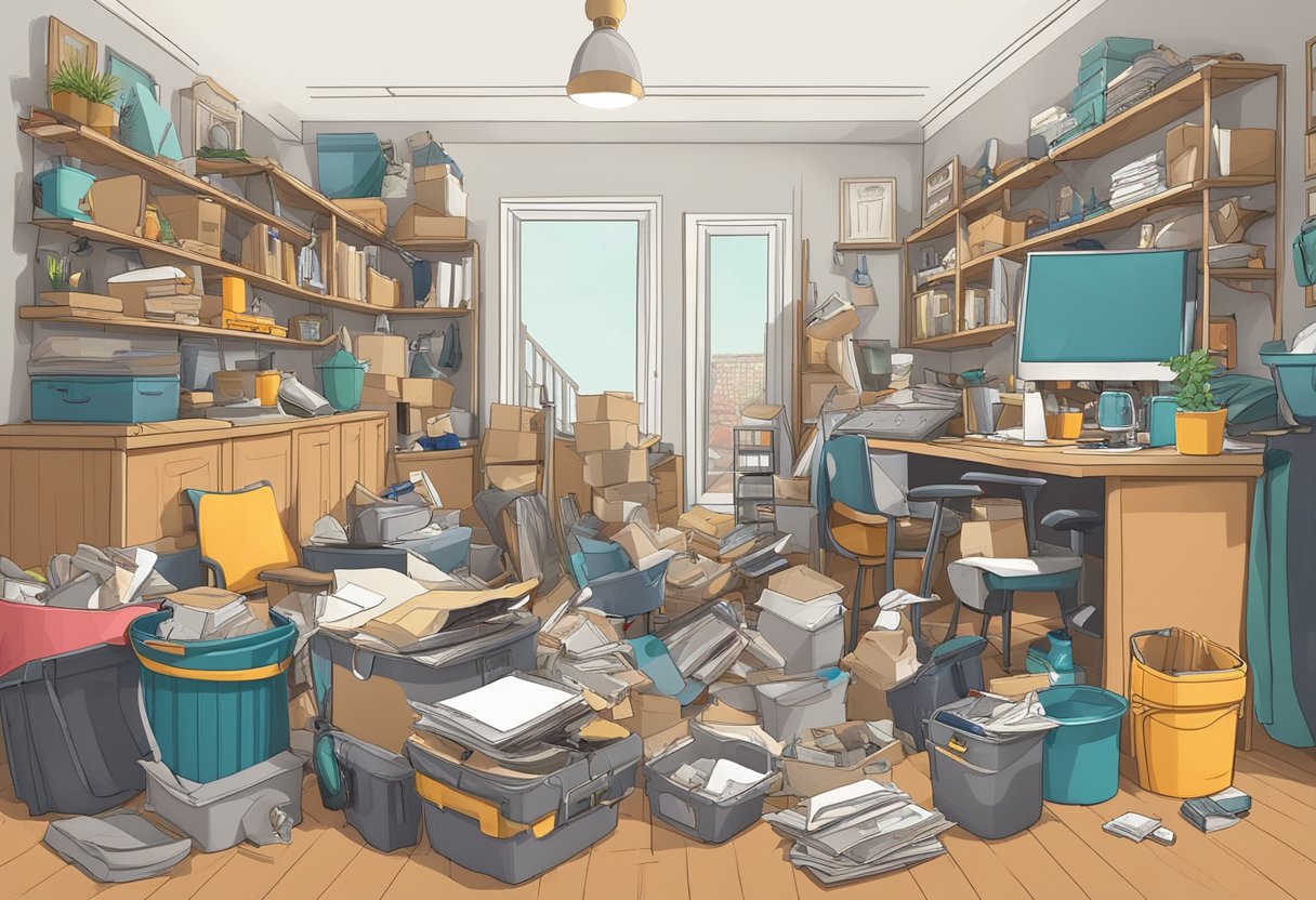 A cluttered room with various items being efficiently removed by professional junk removal workers