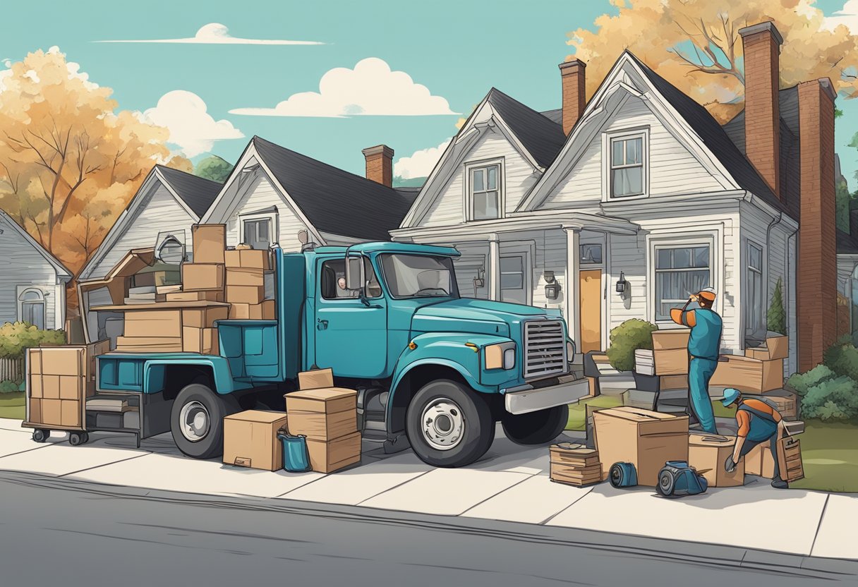 A junk removal truck parked in front of a house, with workers carrying out old furniture and appliances. A checklist of services and considerations posted on the side of the truck