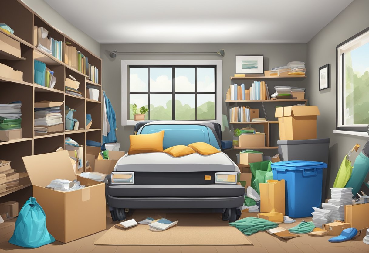 A cluttered room transformed into a clean, organized space after junk removal service. Items being hauled away in a truck, leaving behind a safe and tidy environment