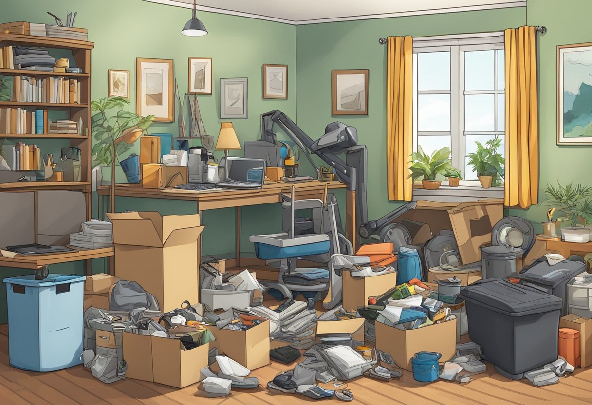 A cluttered room with various items being removed by a junk removal crew, showcasing the efficiency and practicality of their services