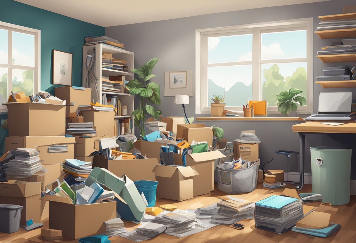 A cluttered room transformed into an organized space with professional junk removal services. Items neatly stacked and sorted, creating a clean and spacious environment