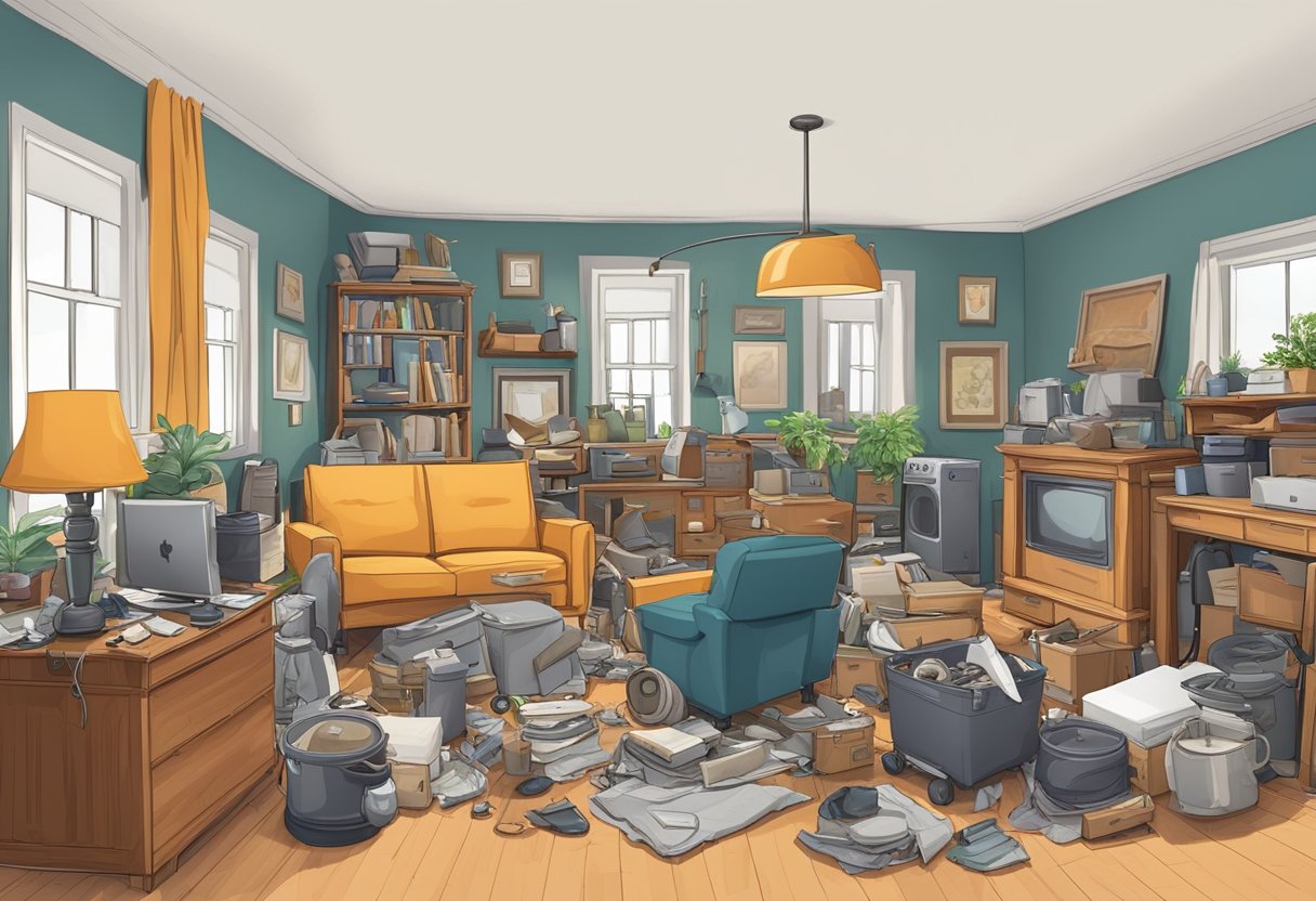 A cluttered room with old furniture and appliances being removed by a junk removal team, revealing a clean and spacious area for potential long-term savings