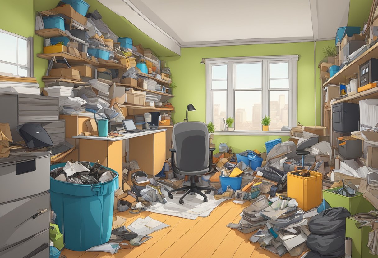 A cluttered room with piles of junk and debris, contrasted with a clean and organized space after professional junk removal