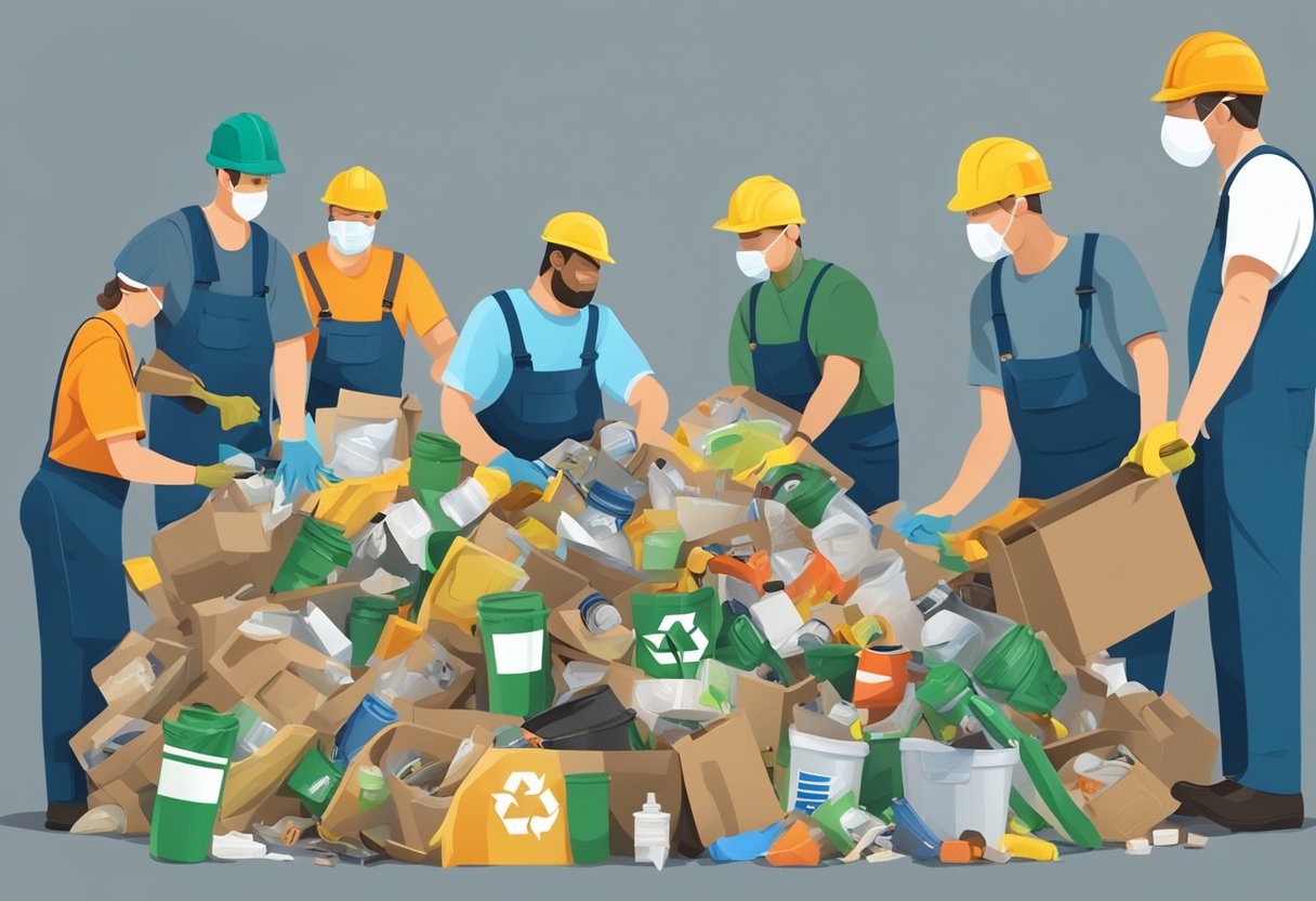 A group of workers in uniform sorting and recycling various items from a pile of junk, with a focus on environmental and social responsibility