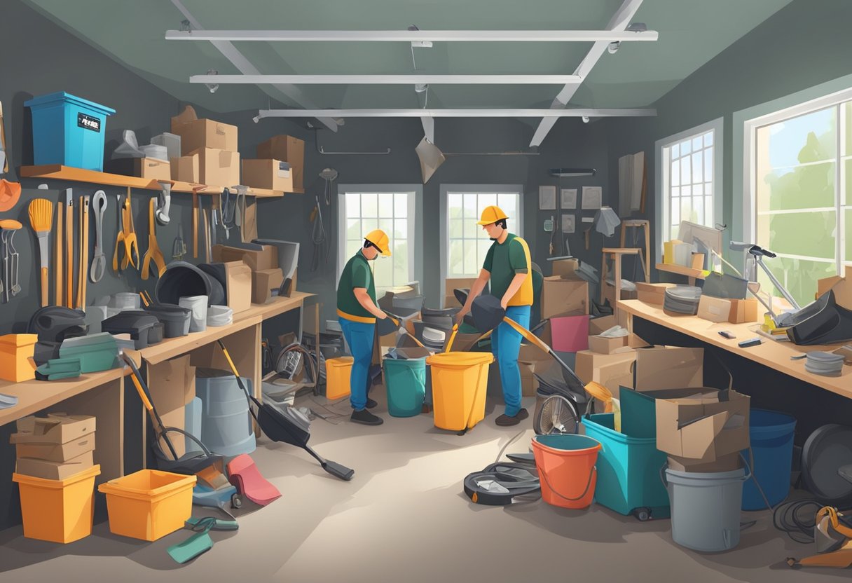 A cluttered garage with a professional junk removal team efficiently clearing out unwanted items and debris