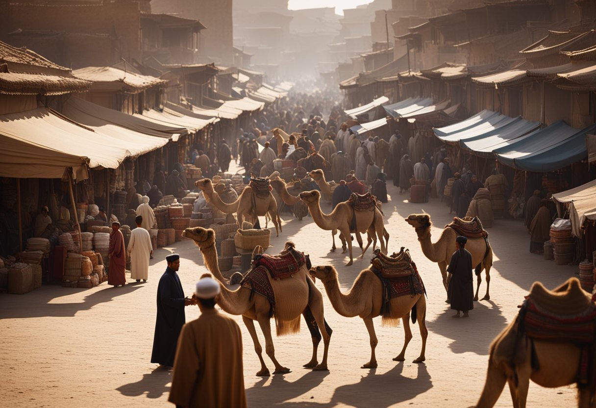 Um mercado movimentado com comerciantes trocando mercadorias do Leste ao Oeste ao longo da antiga Rota da Seda. A cena é preenchida com camelos, caravanas e diversos artefatos culturais.