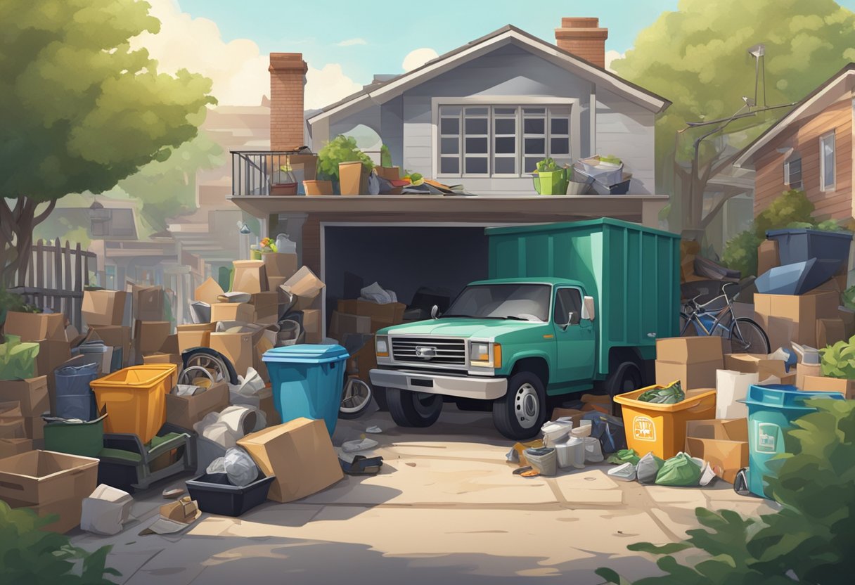 A cluttered garage with piles of junk. A junk removal truck parked outside. A person with a wheelbarrow and trash bags hauling items to a nearby dumpster