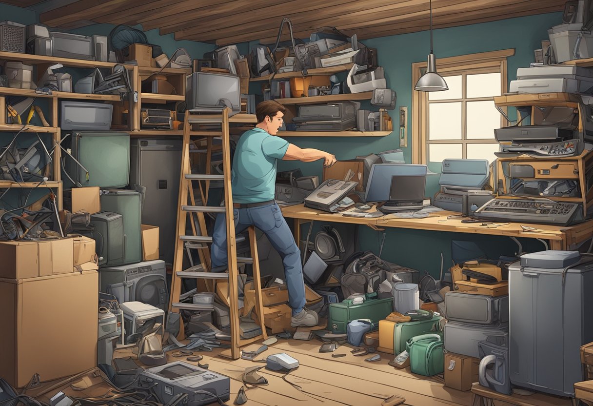 A cluttered garage with heavy items stacked precariously, a person attempting to lift a large piece of furniture, a pile of old electronics and appliances, and a broken ladder