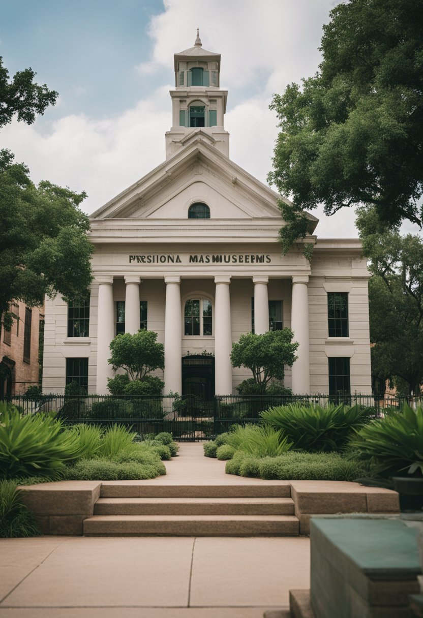 A row of historic museums in Waco, Texas, with unique architecture and signage, surrounded by lush greenery