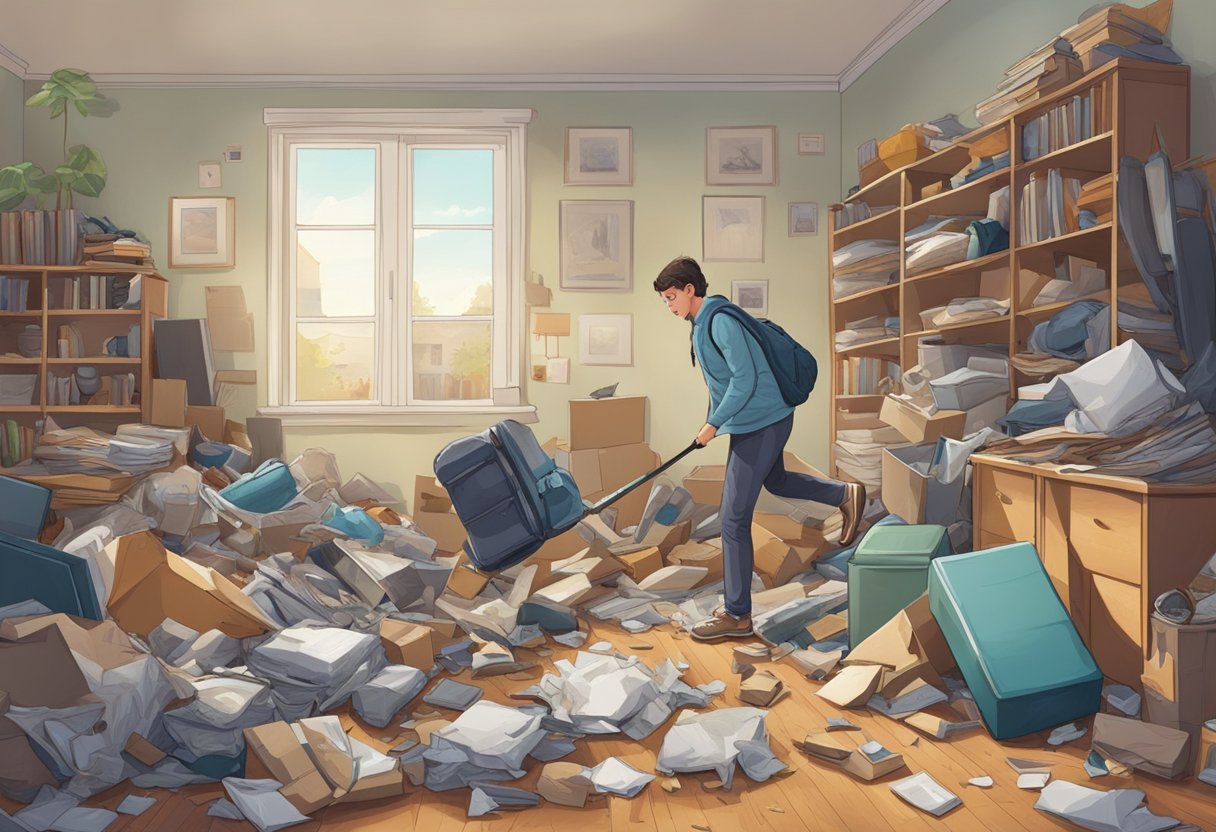 A cluttered room with heavy items stacked precariously, a person struggling to lift a large object, and scattered debris on the floor