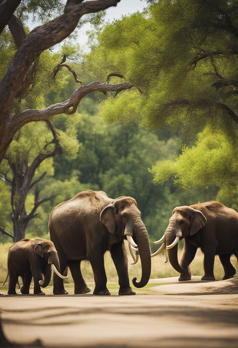 A group of prehistoric mammoths roam the lush landscape of Waco Mammoth National Monument, surrounded by historic museums