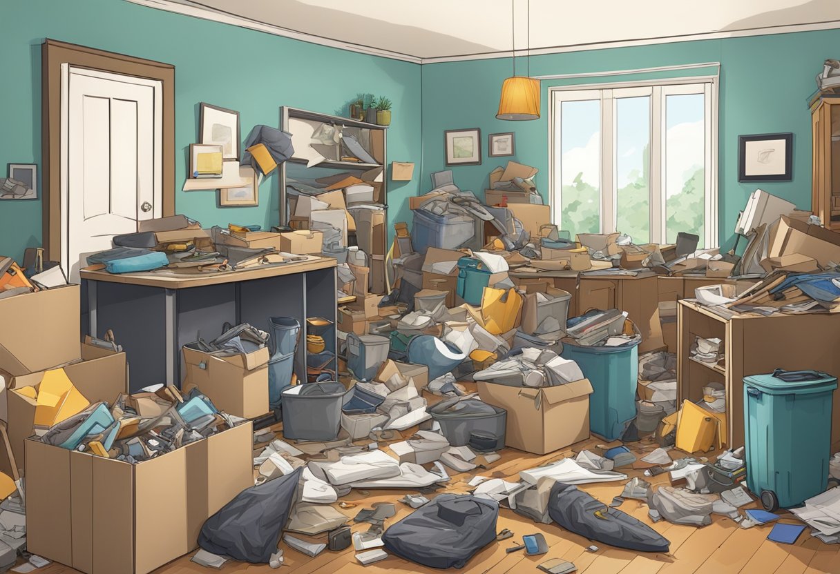 A cluttered room with piles of junk and debris being swiftly removed by a professional junk removal crew, leaving behind a clean, organized space