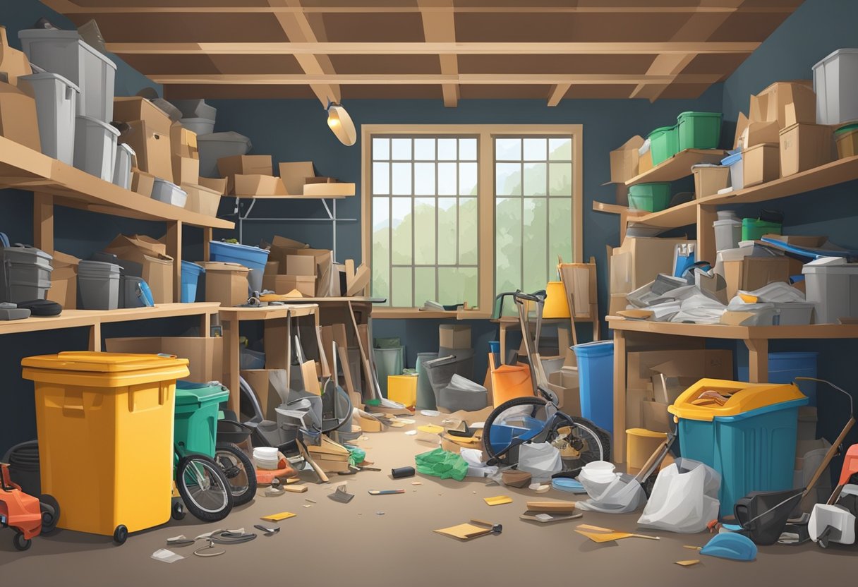 A cluttered garage with piles of junk, one side organized by a professional junk removal company and the other side cluttered with DIY dump runs