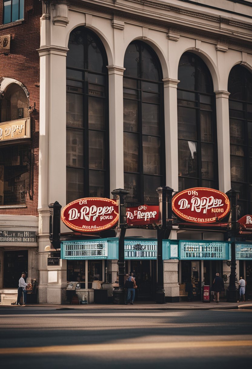 A bustling street outside the Dr Pepper Museum, with vintage signage and a historic building facade