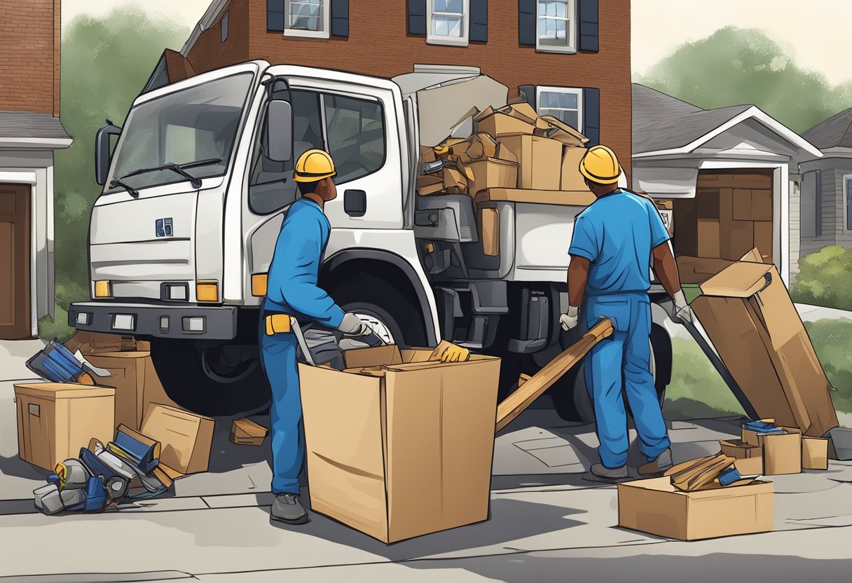 A professional junk removal team efficiently clears clutter while a DIYer struggles with heavy lifting and potential injury